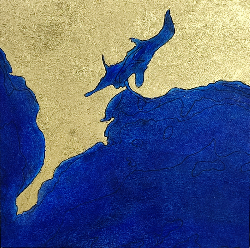 Coastline painting using goldleaf and tones of blue
