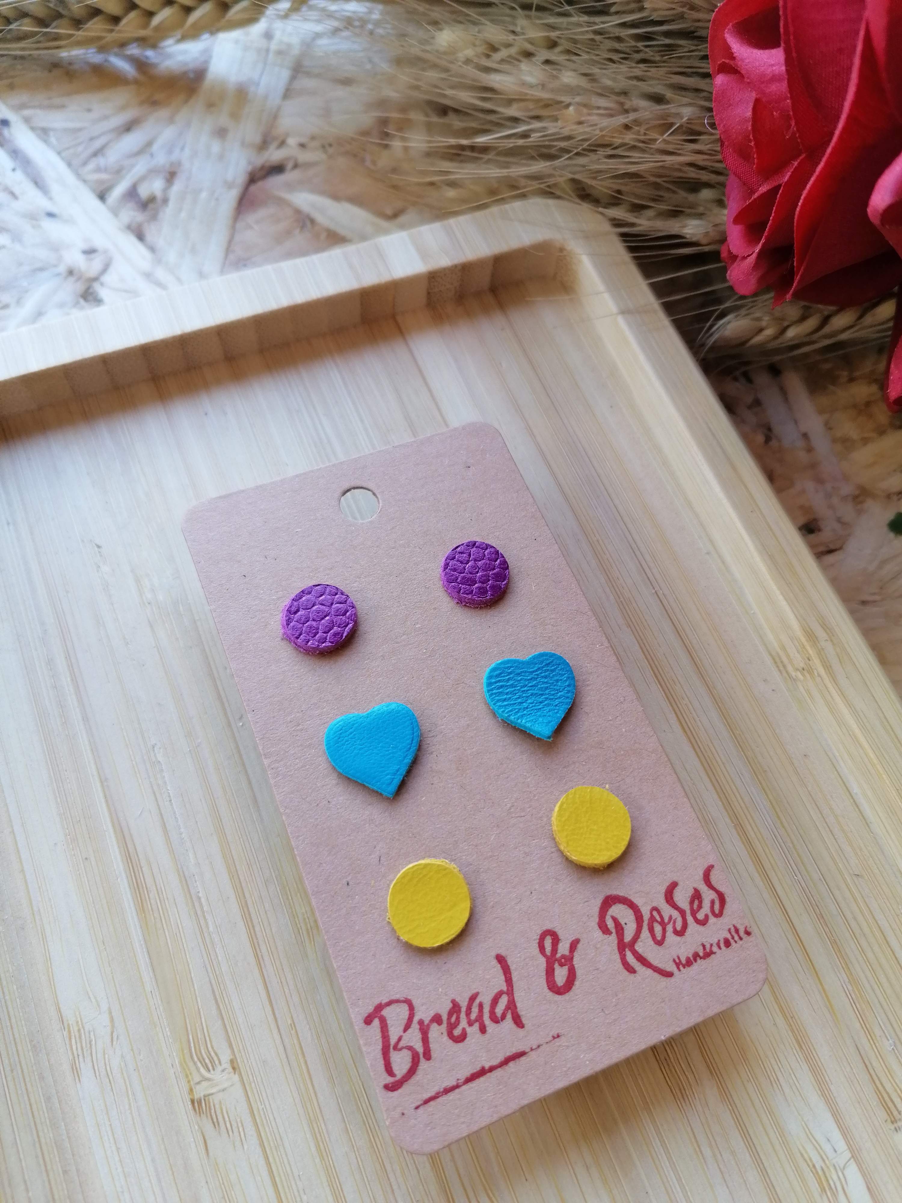 Recycled Leather Stud Set- Purple, Blue & Yellow