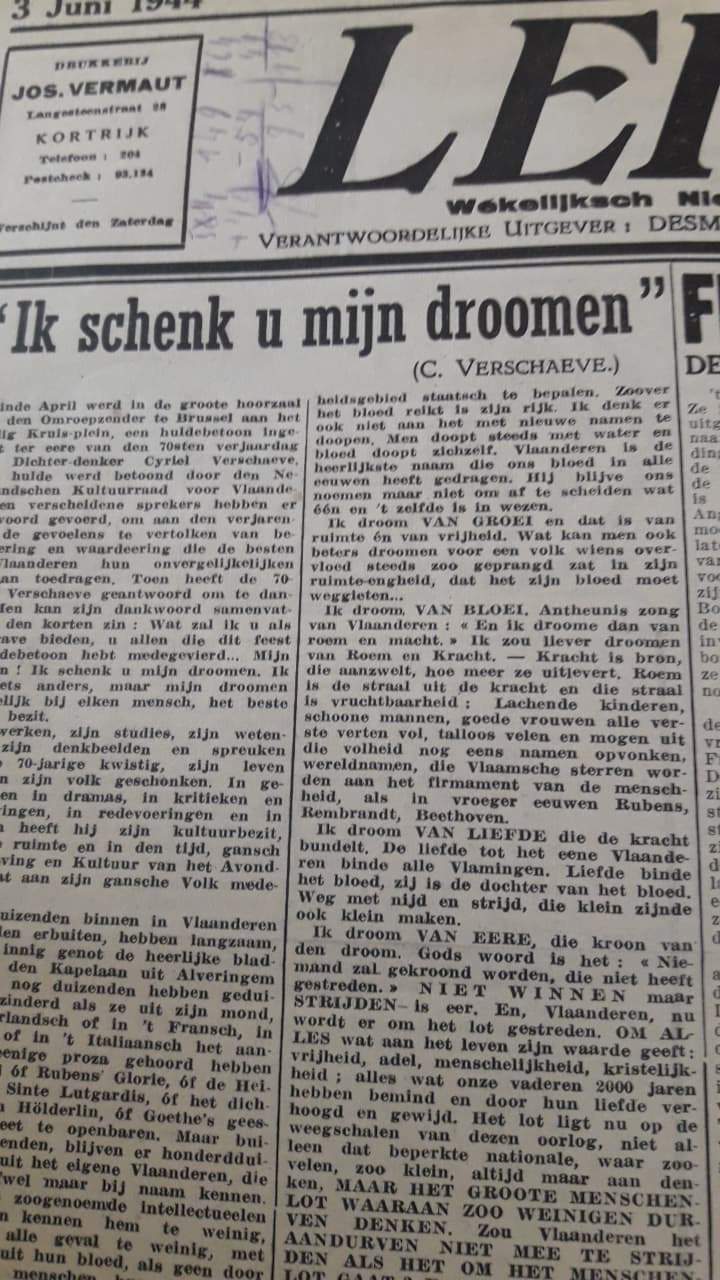 zeldzame collaboratiekrant 'Leieland' , nieuwsblad arro. Kortrijk 03 juni 1944