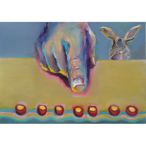The dominant finger of an old player (and a stupid rabbit). 21x30; oil