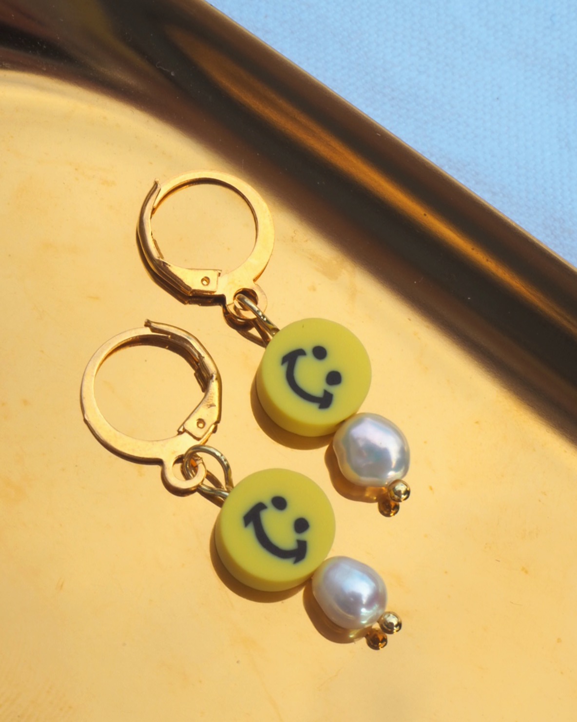 yellow smiley & pearls earrings