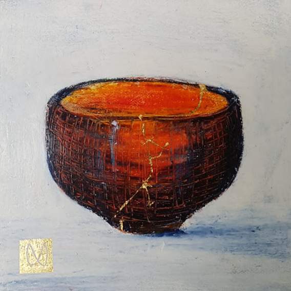 painting of Japanese kintsugi sake bowl with gold by Irish artist dark brown burnt orange