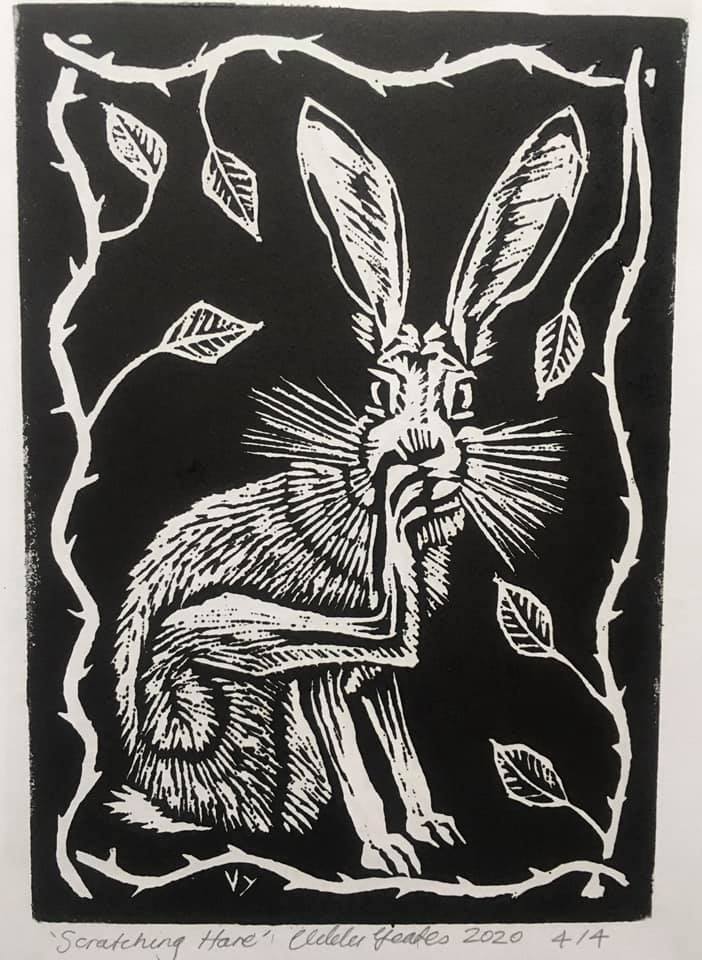 'Scratching Hare' lino print