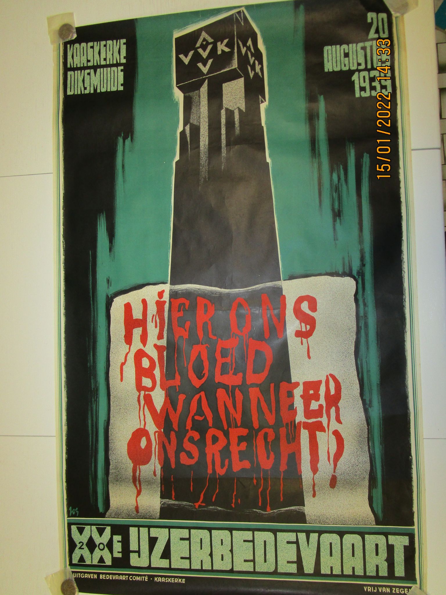 Grote affiche Ijzerbedevaart ( ongeveer 100 x 60 cm ) 1939 - Hier ons bloed wanneer ons recht