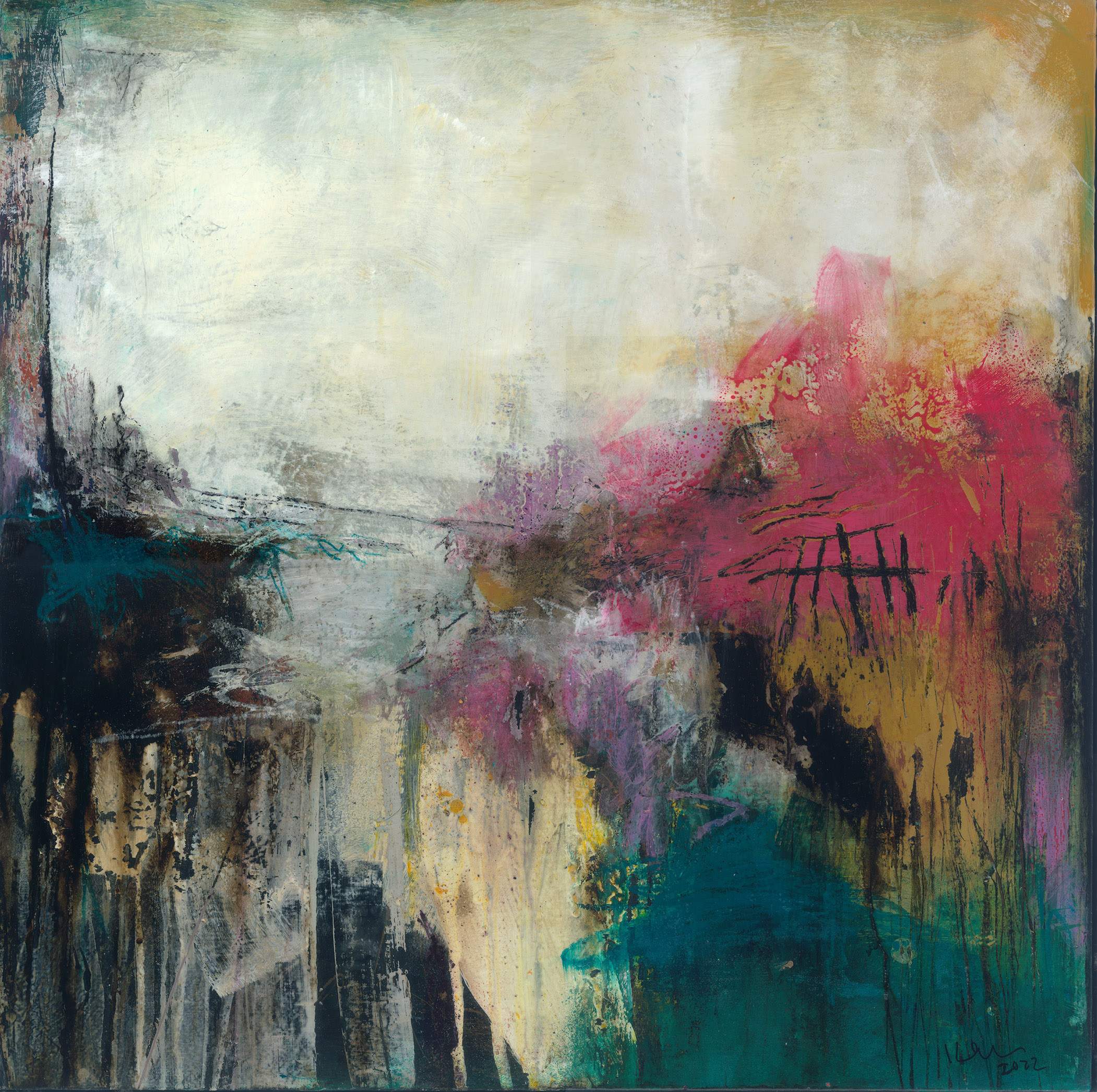 2022. 24''x24''.  Available throughww.greenlanegallery.com.Acrylic, oil and mixed media on wood. .