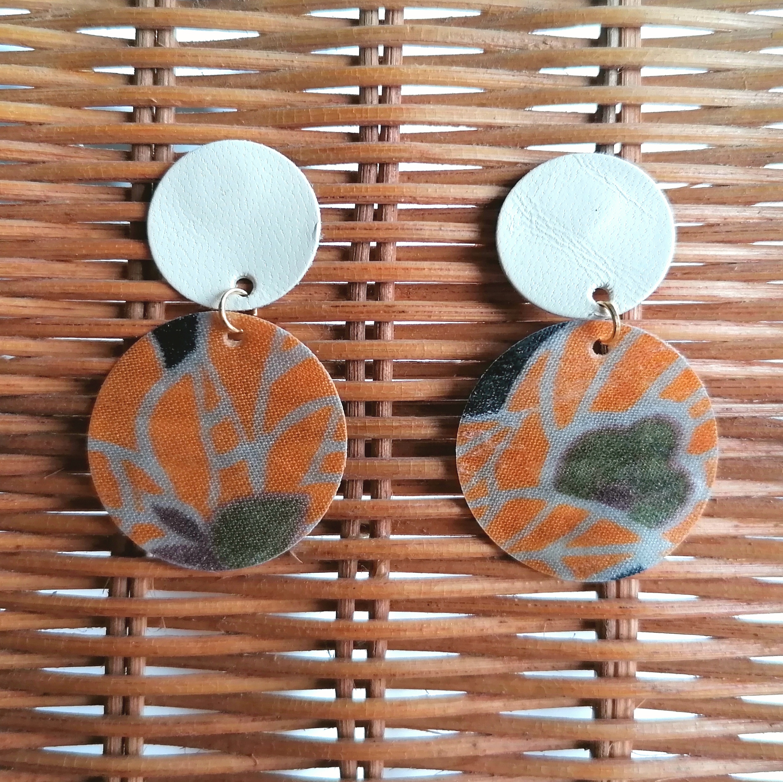 Recycled Vintage Fabric and Leather Stud Earrings- White and Yellow Floral