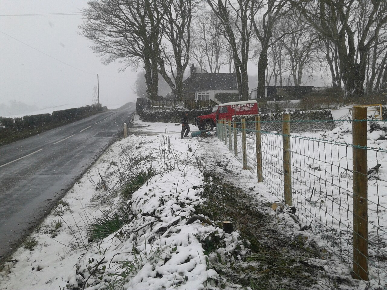 J A Halkett fencing contractors Newton Stewart work through all weathers to finish a job. Here's we're working in the snow in Minnigaff, Newton Stewart