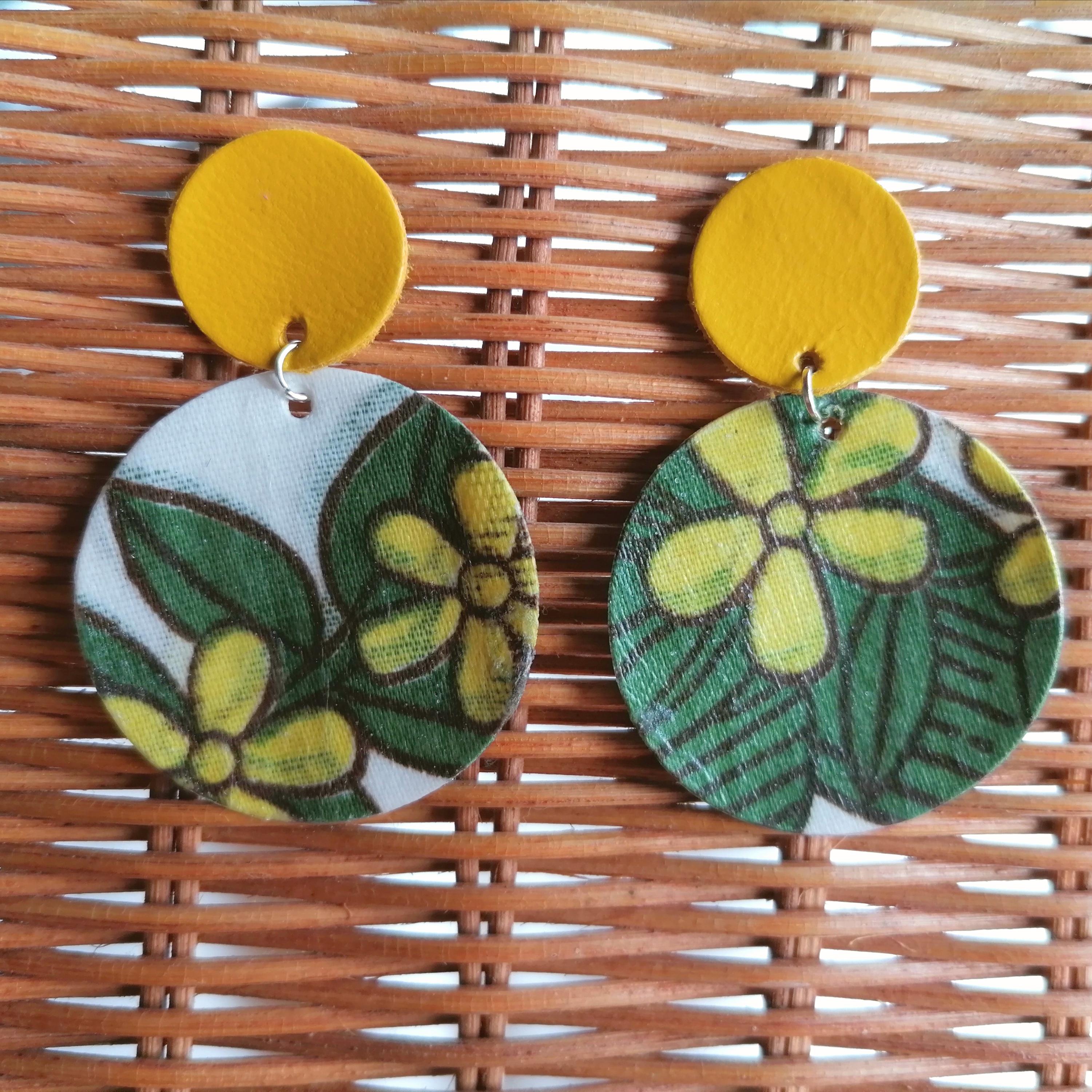 Recycled Vintage Fabric and Leather Stud Earrings- Yellow Flowers and Foliage