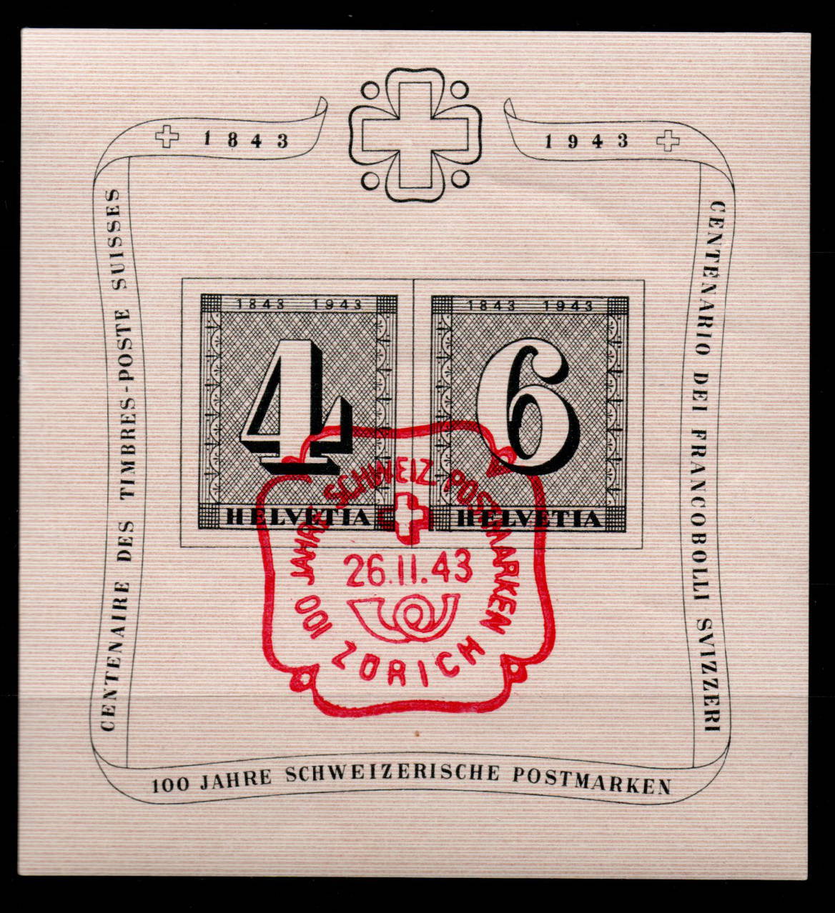 SA Jubiläumsblock 1943 "100 Jahre Schweizer Postmarken" gest