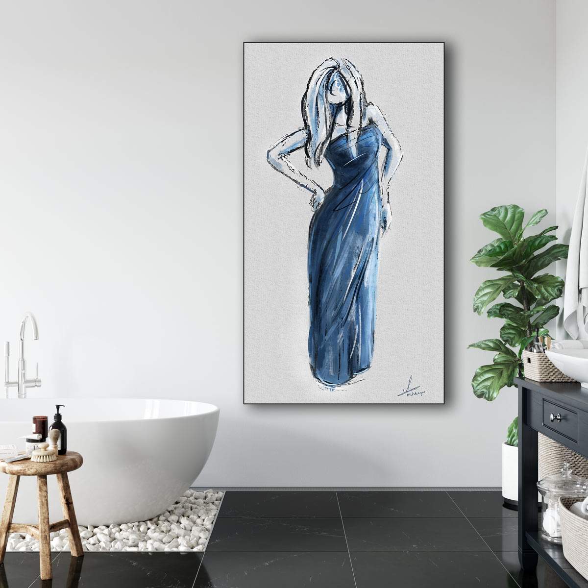 Hoog Smal Abstract kunstwerk - dame in blauwe jurk