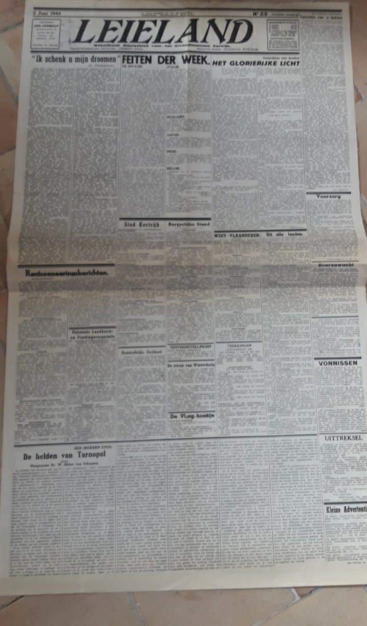 zeldzame collaboratiekrant 'Leieland' , nieuwsblad arro. Kortrijk 03 juni 1944