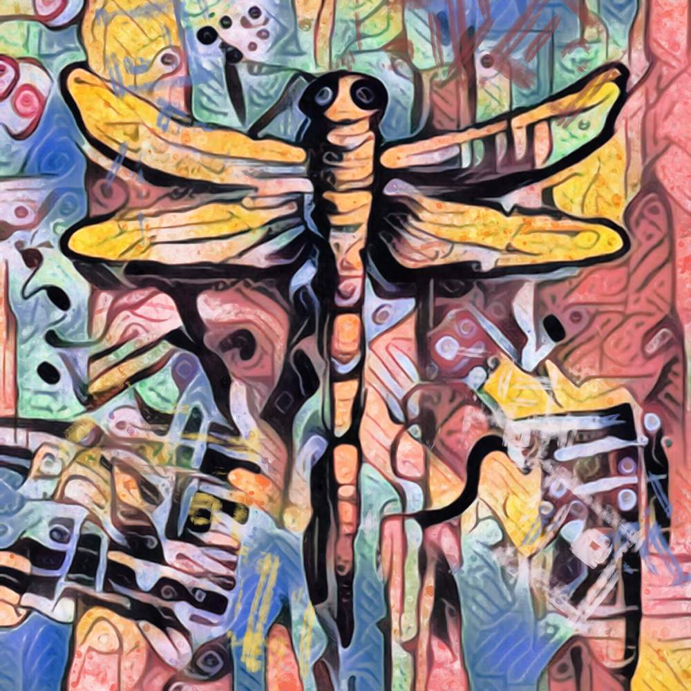 tweeluik - kleurig abstract op doek met lijst - libelle en vrouw