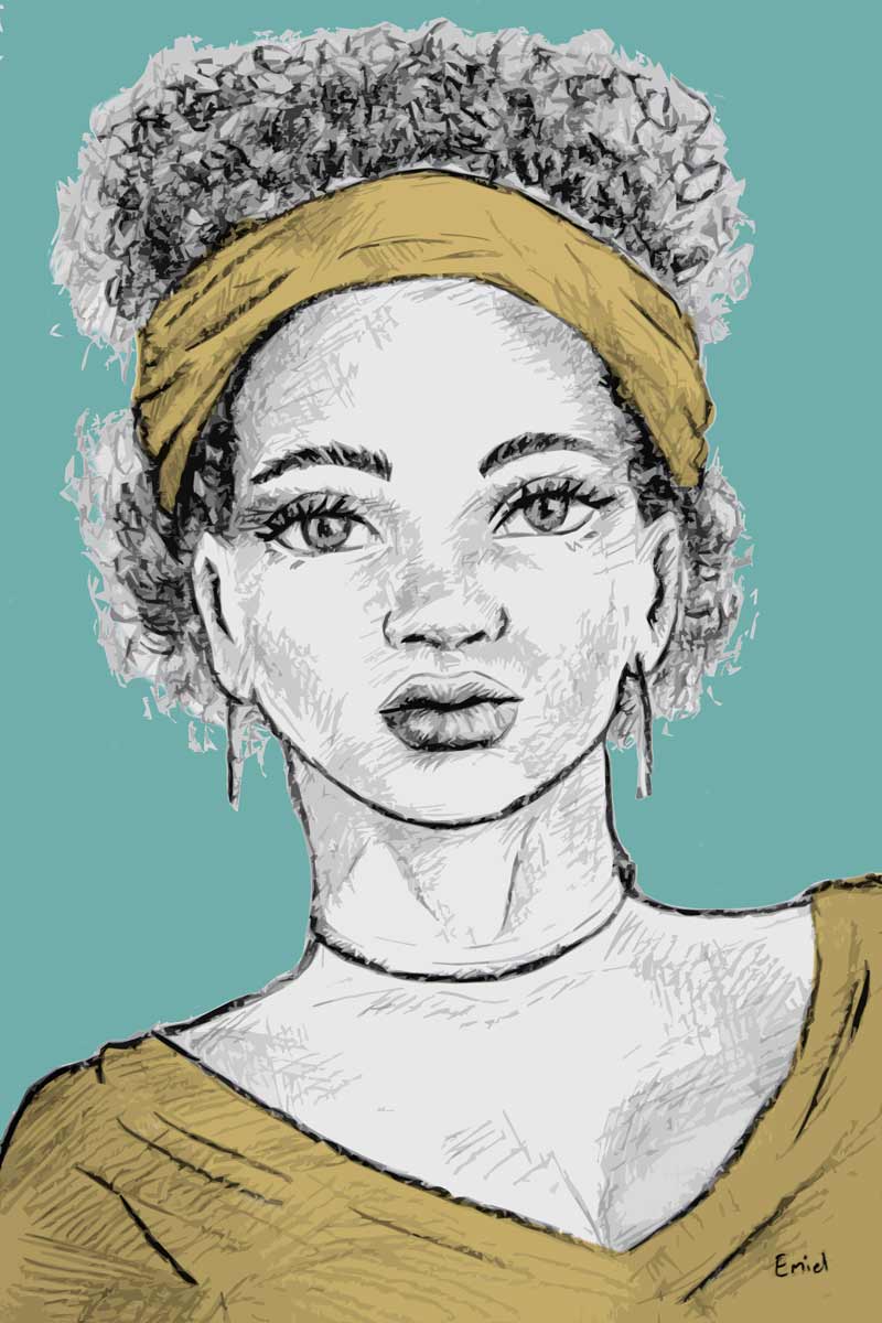 Potlood tekening Afrikaanse vrouw in turquoise oker geel en grijs tint