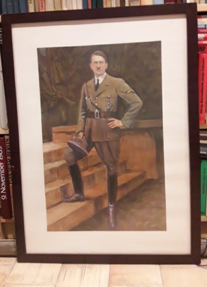 Origineel schilderij op doek Adolf Hitler ingekaderd achter glas 78 x 57 cm / prachtige uitvoering