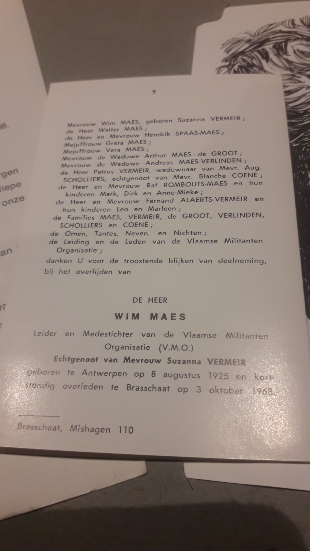 Lotje overlijden van VMO leider Wim Maes 1968 / herdenkingskaart en doodsprentje