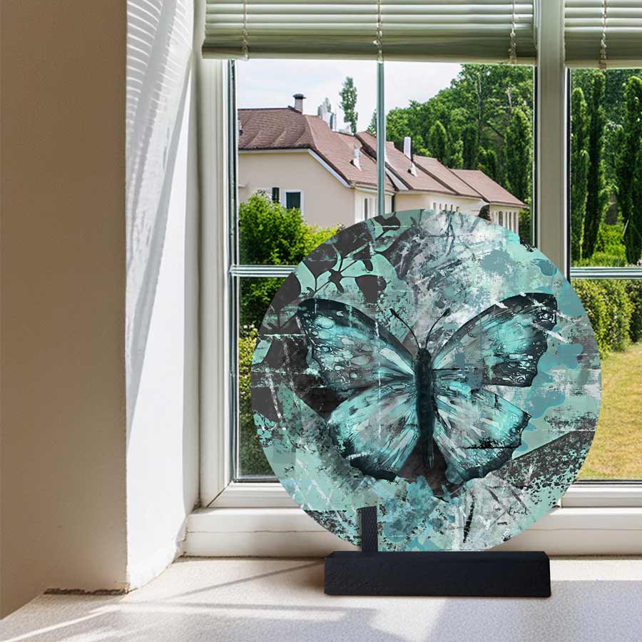 Vlinder in turquoise en blauwgroen - decoratie voor vensterbank of aan de muur