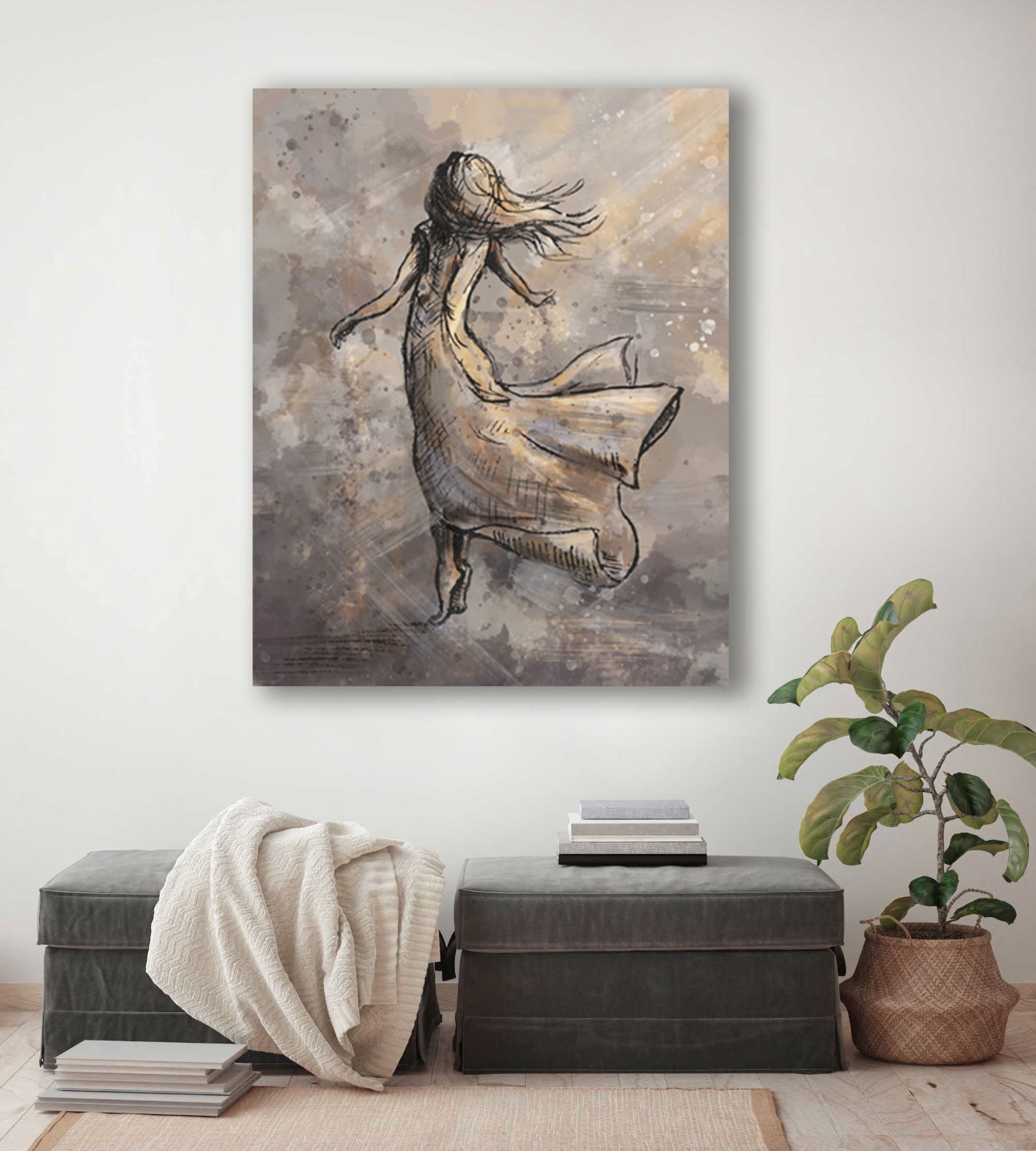 Vrouw dansend in de storm - chique kunstwerk in taupe en gouden tinten