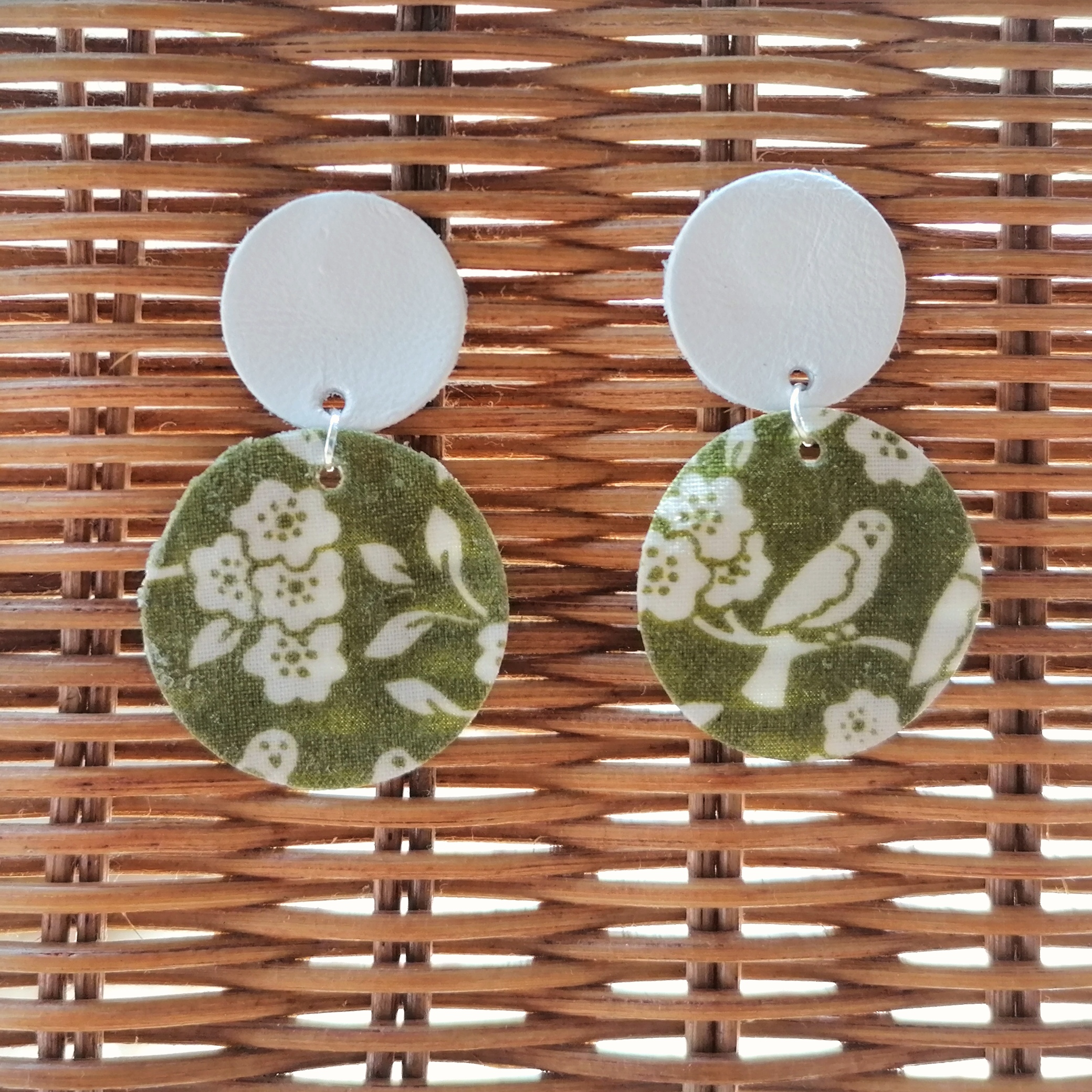 Recycled Vintage Fabric and Leather Stud Earrings- Green Owl