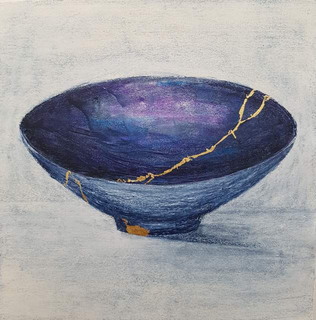 painting of Japanese kintsugi Summer tea bowl with gold by Irish artist blue purple