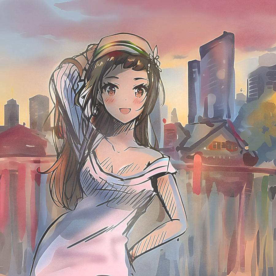 Meisje met skyline op achtergrond - kleurige muurdecoratie