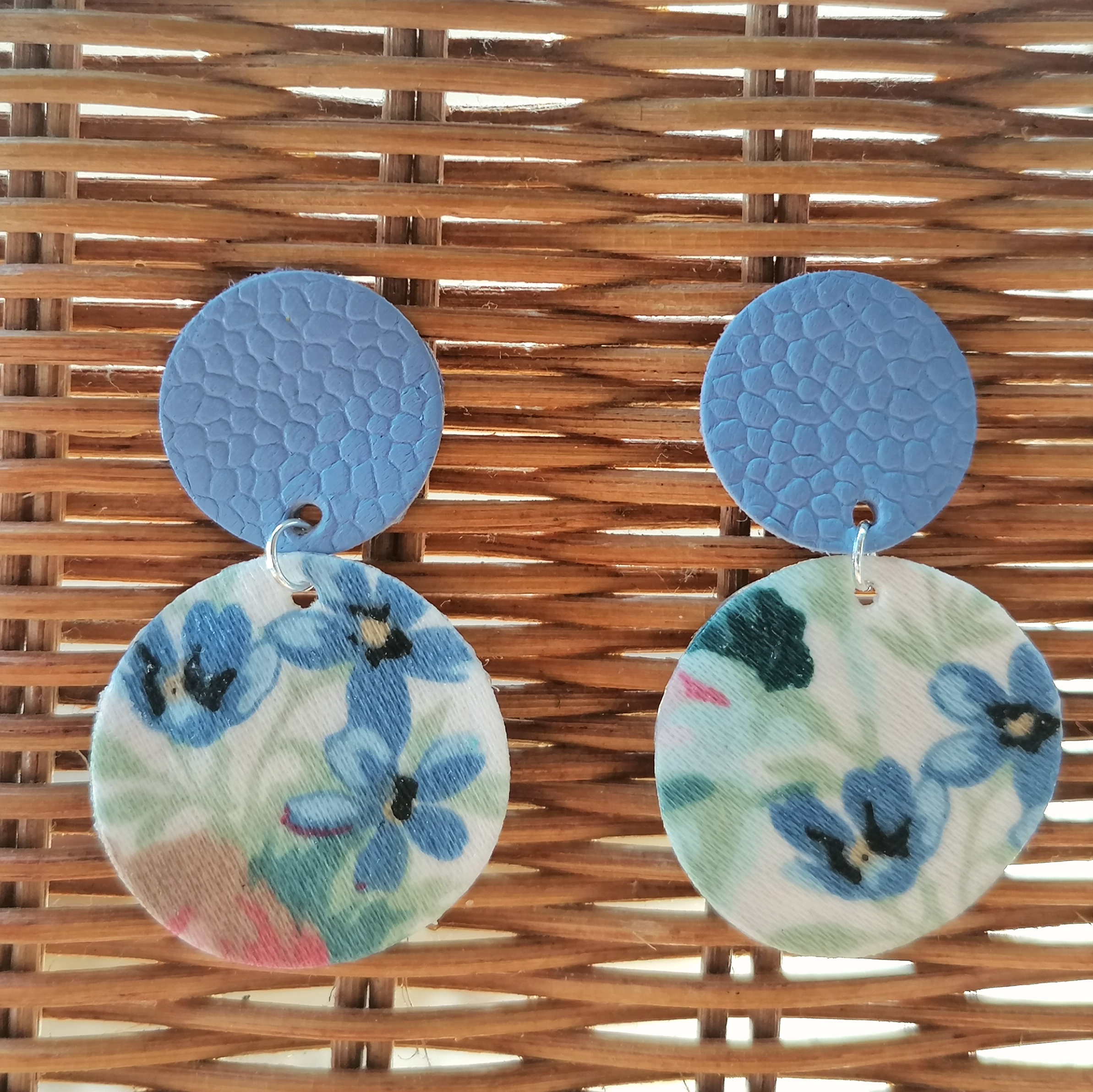 Recycled Vintage Fabric and Leather Stud Earrings- Delicate Blue Floral