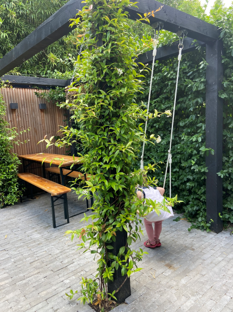 Smalle pergola met schommel