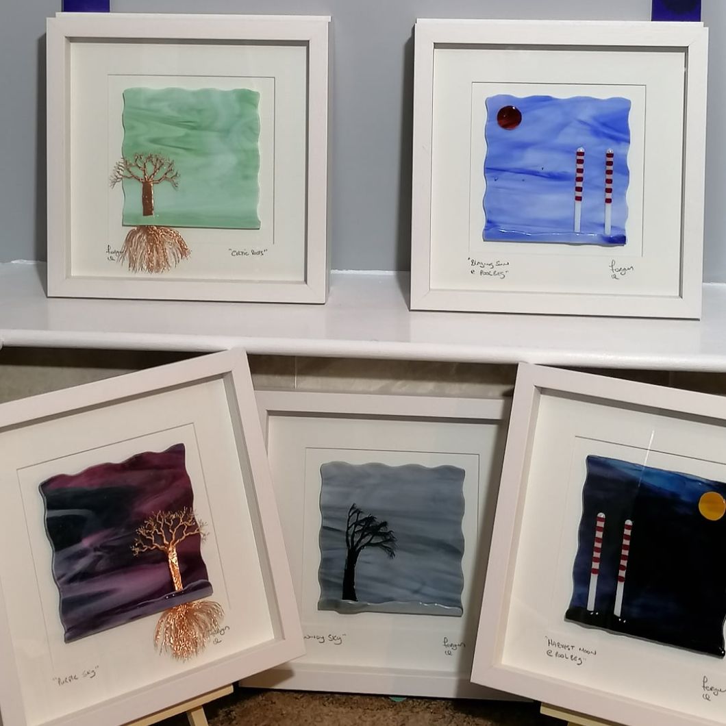 Mother's day gifts. A collection of Framed Glass Art Pictures some with handmade copper wire Trees & some with the Poolbeg Chimmeys all made from glass