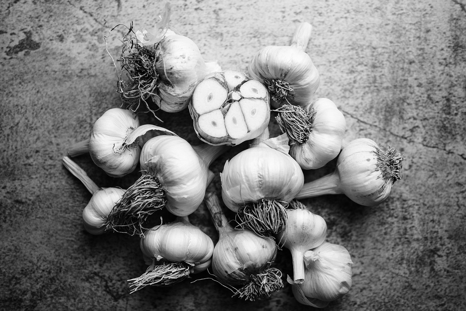 black and white image of fresh garlic, one bulb was cut to see the center