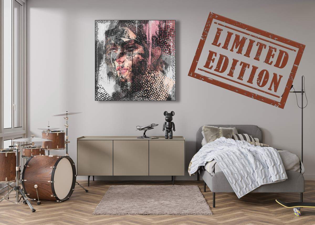 Limited edition - mixed media portrait roze grijs en zwart