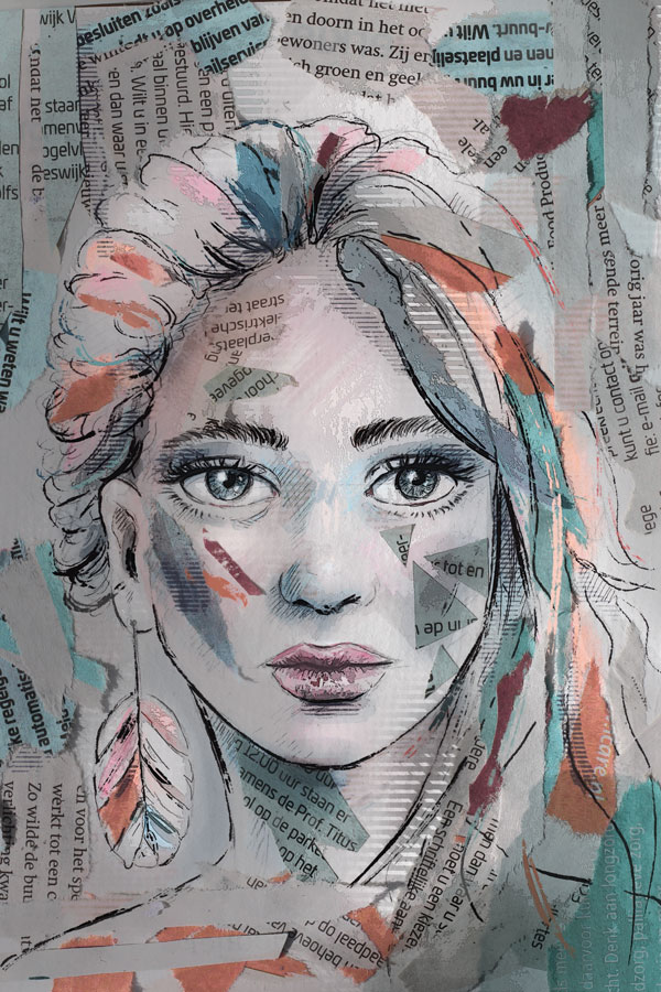 Mixed media snippers kranten acrylverf en tekenen - portret vrouw