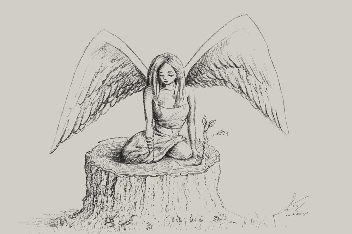 Tekening van een engel op een boomstronk - reproductie op Dibond