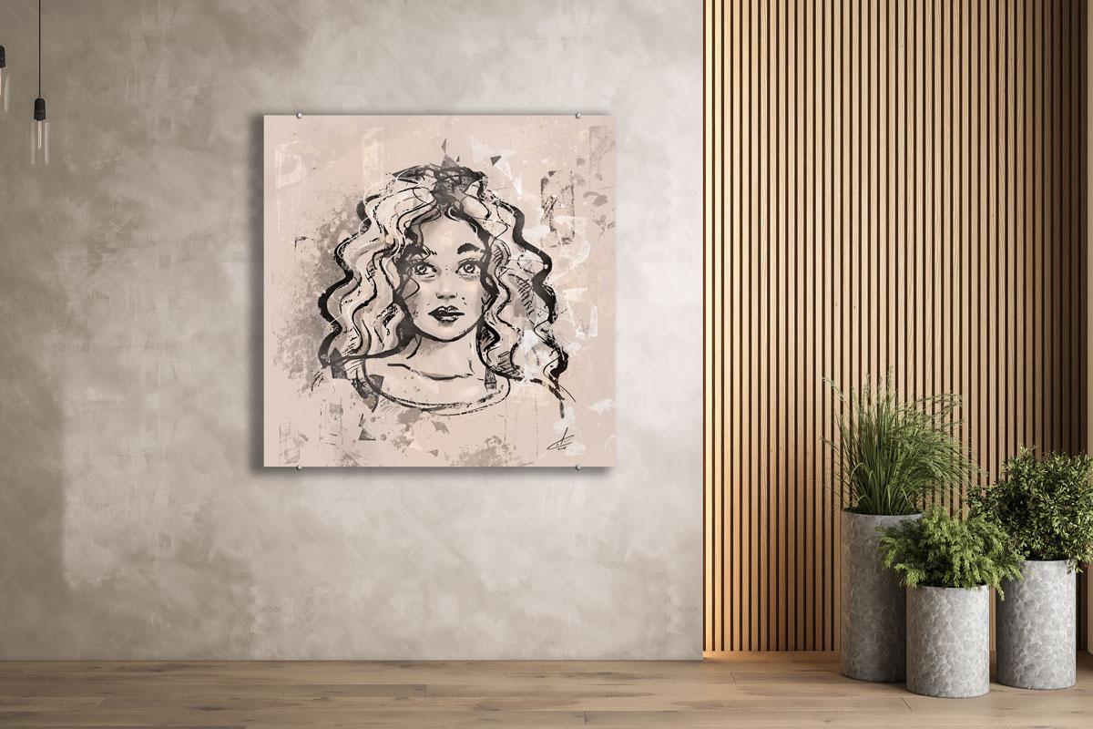 Portret vrouw met krullen - houtskool digitaal ingekleurd