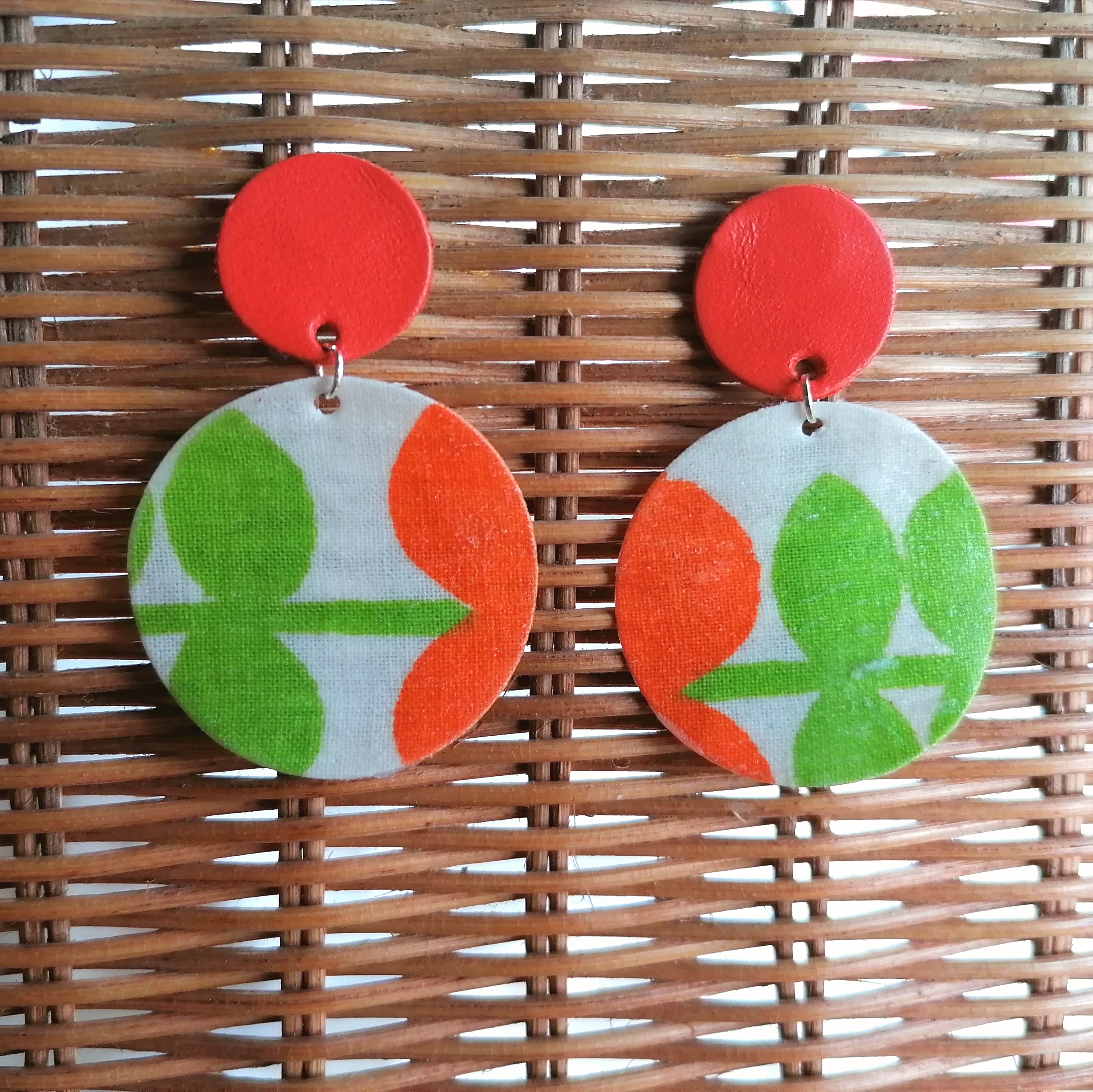 Recycled Vintage Fabric and Leather Stud Earrings- Orange and Green Flower Retro