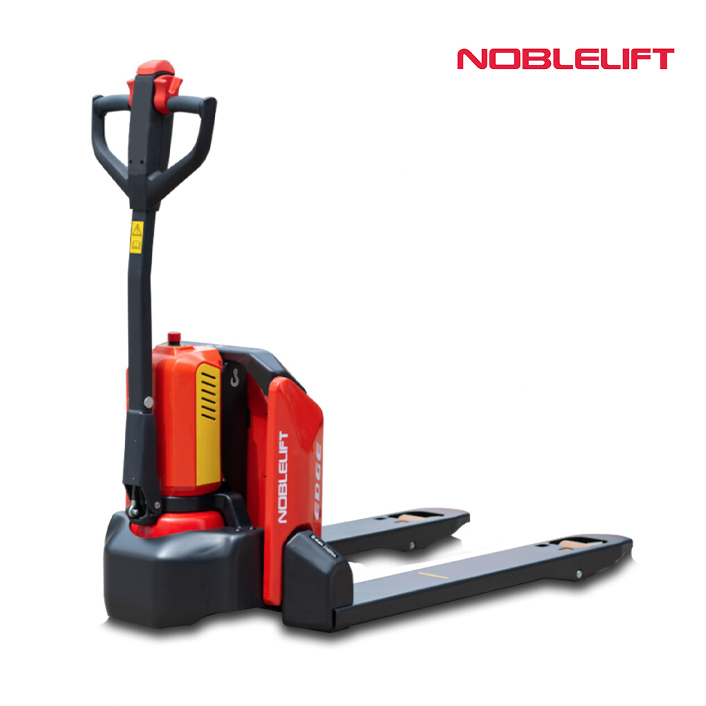 Red & black Noblelift 1200kg Electric pallet truck for lighter pallets. Includes electric drive and lift for transport vehicles, warehouse, shop floor and mezzanine. This pallet truck comes with a 12 month warranty and discount on aftercare. We are Ireland best material handling equipment suppliers, based in Dublin.