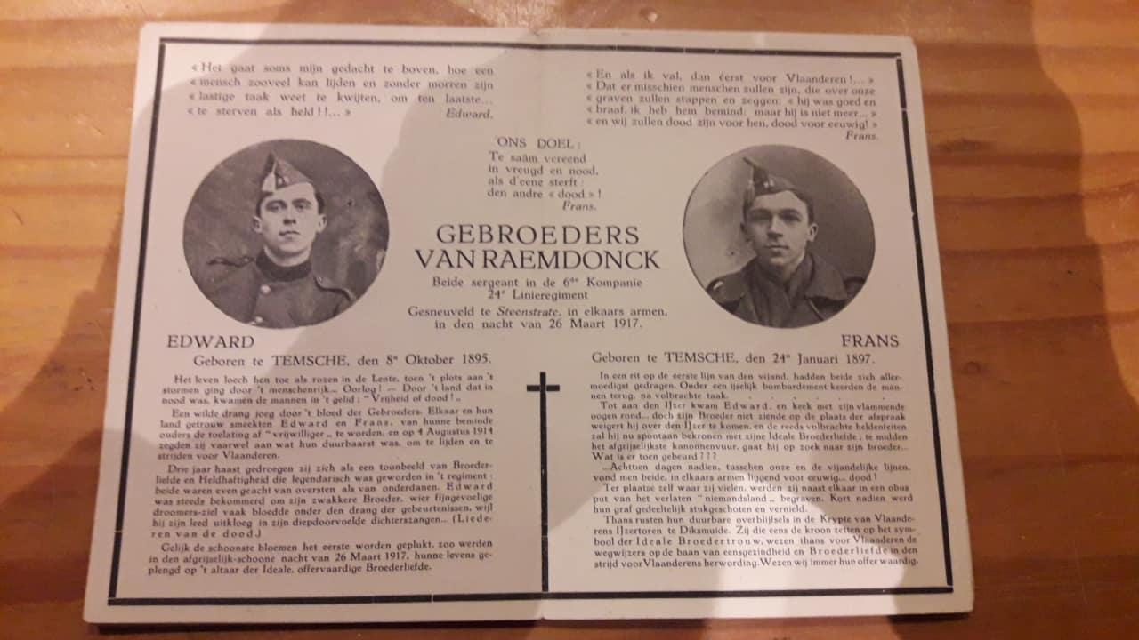 Herdenkings prentje Gebroeders van Raemdonck 1932 / gesneuveld Steenstraete 1917