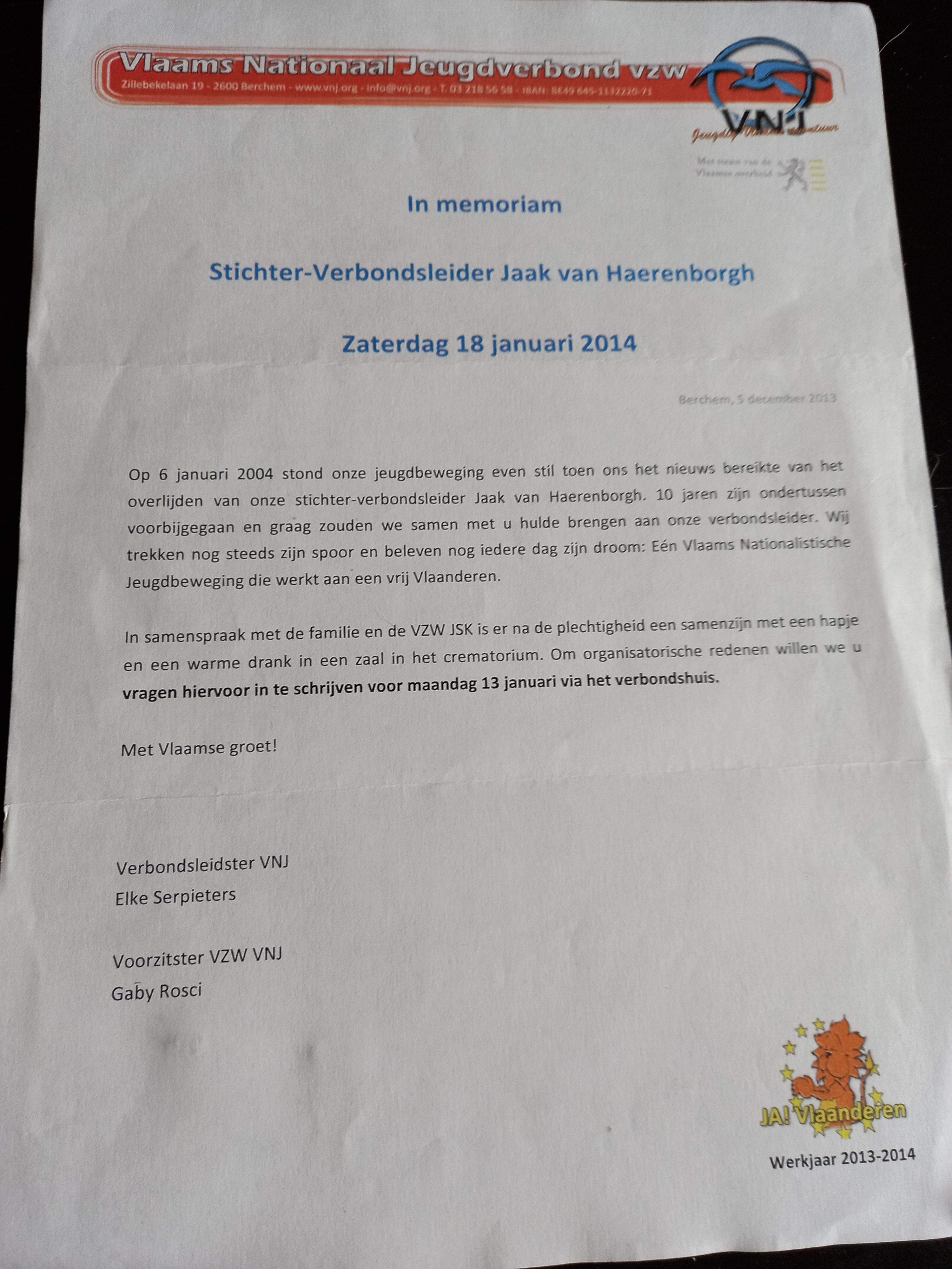 Brief VNJ in memoriam stichter verbondsleider Jaak van Haerenborgh