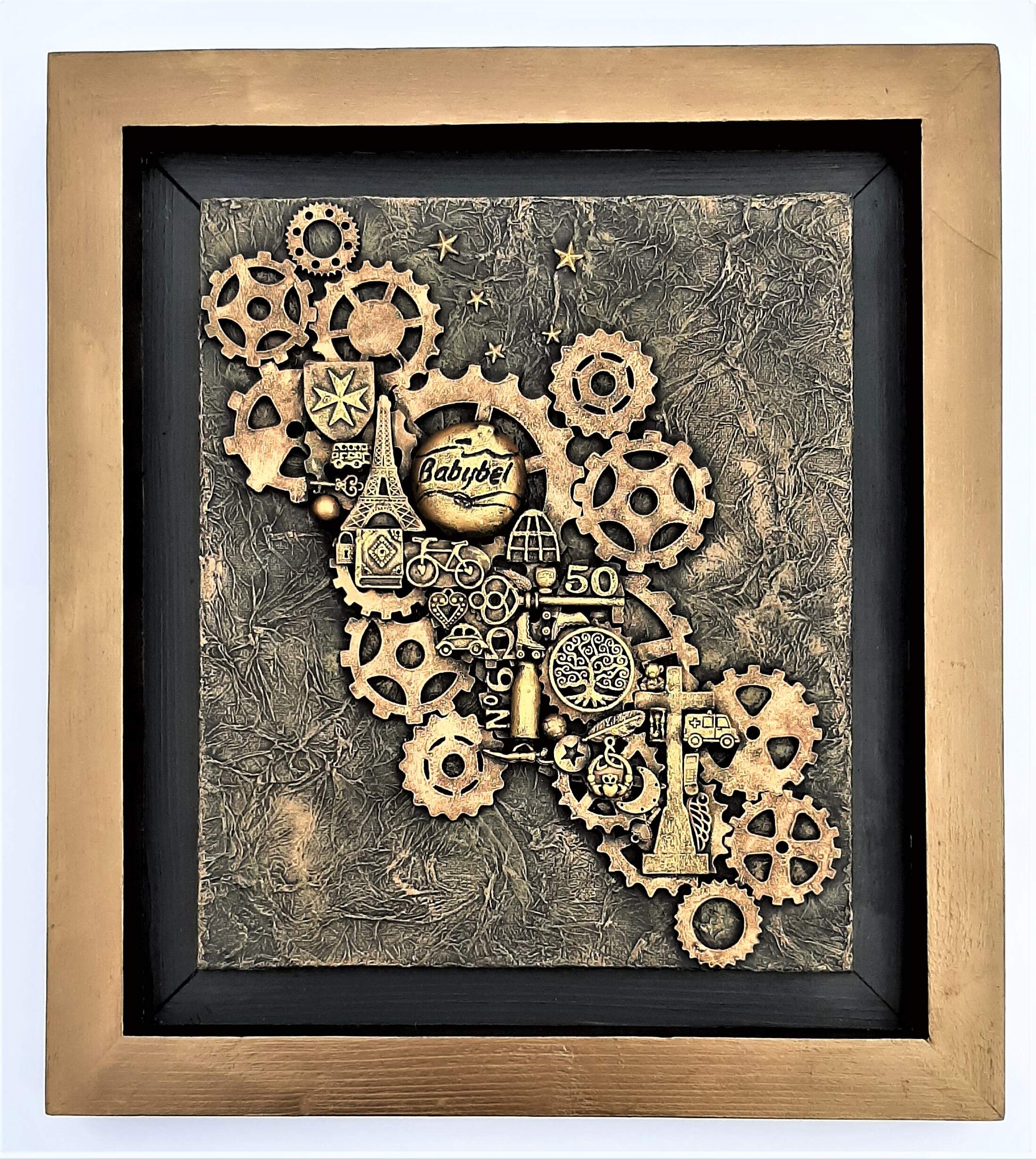 Personalised commissioned mixed media with handmade wooden frame, 35cm x 30cm