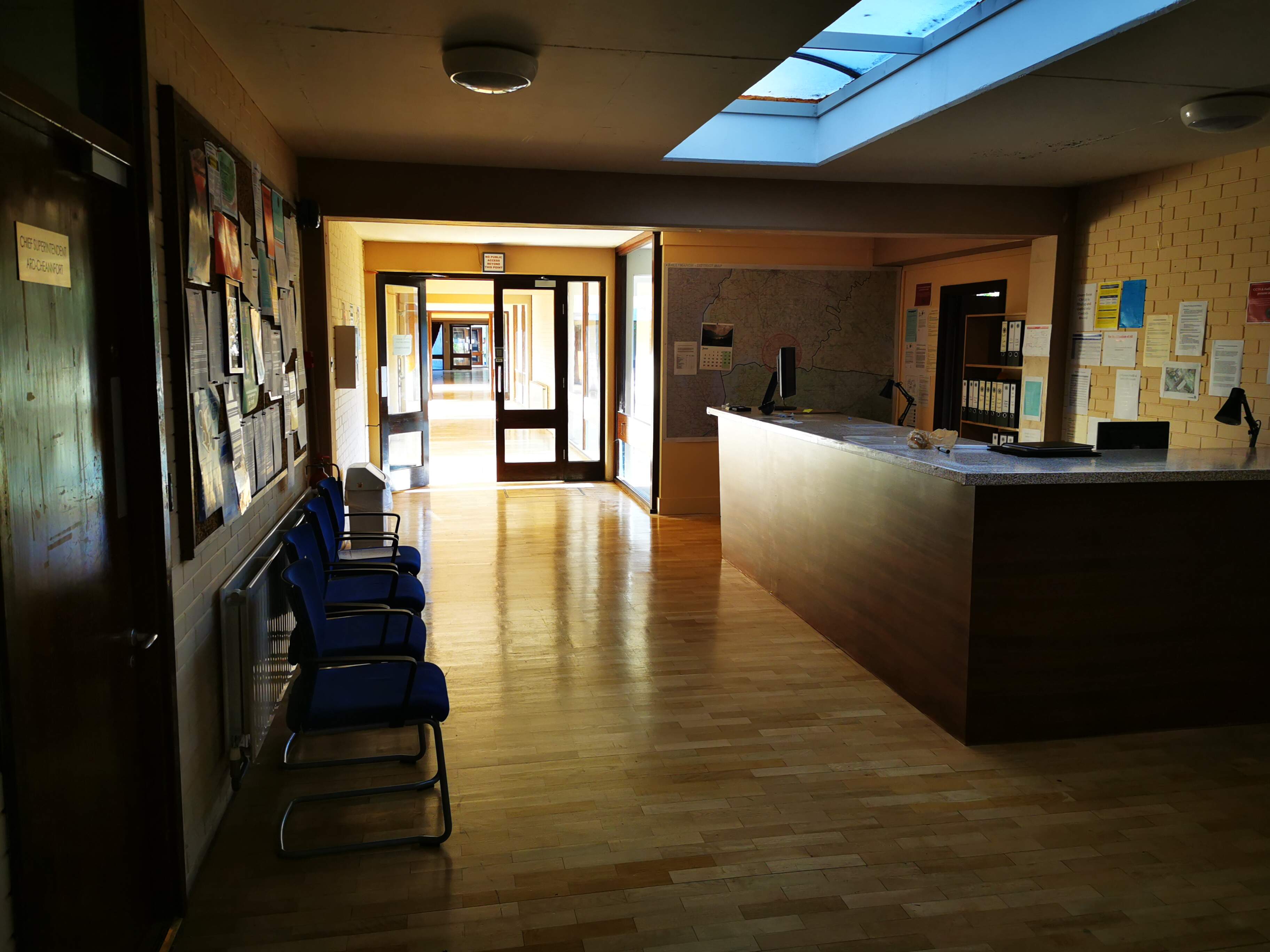 Corridor transformed into Garda/Police station reception area