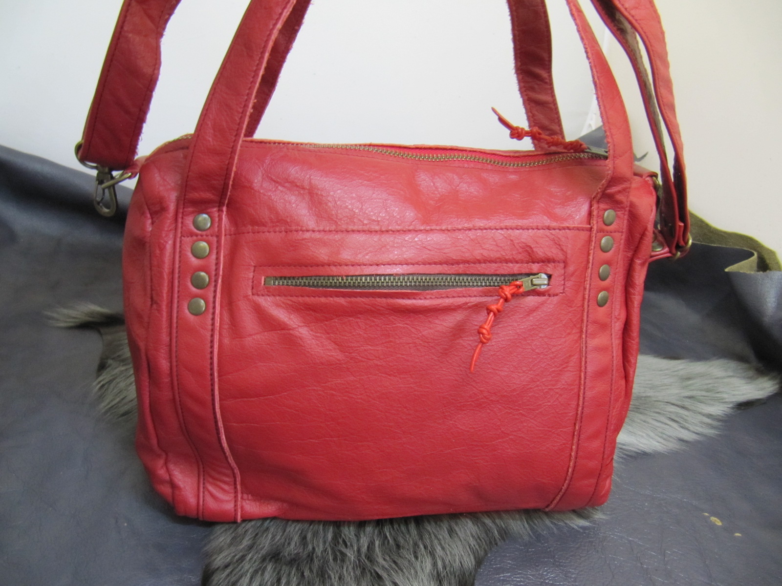 Red leather Bowling style handbag