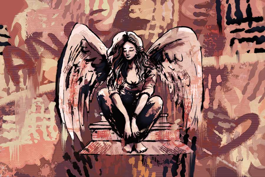 Neem je tijd - engel met gesloten ogen gehurkt op een trap - in street art stijl