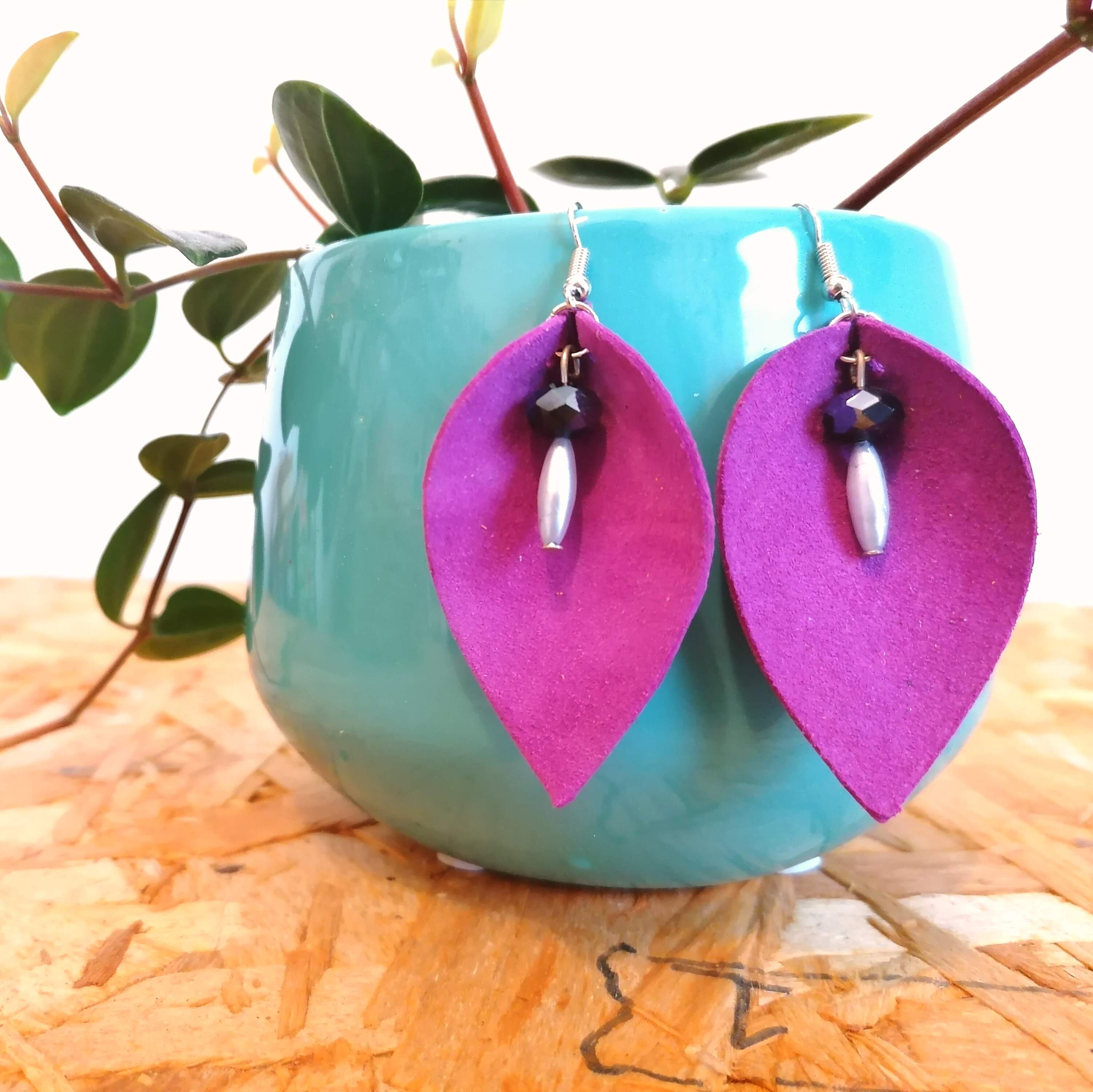 Purple Recycled Leather Petal Dangle Earrings