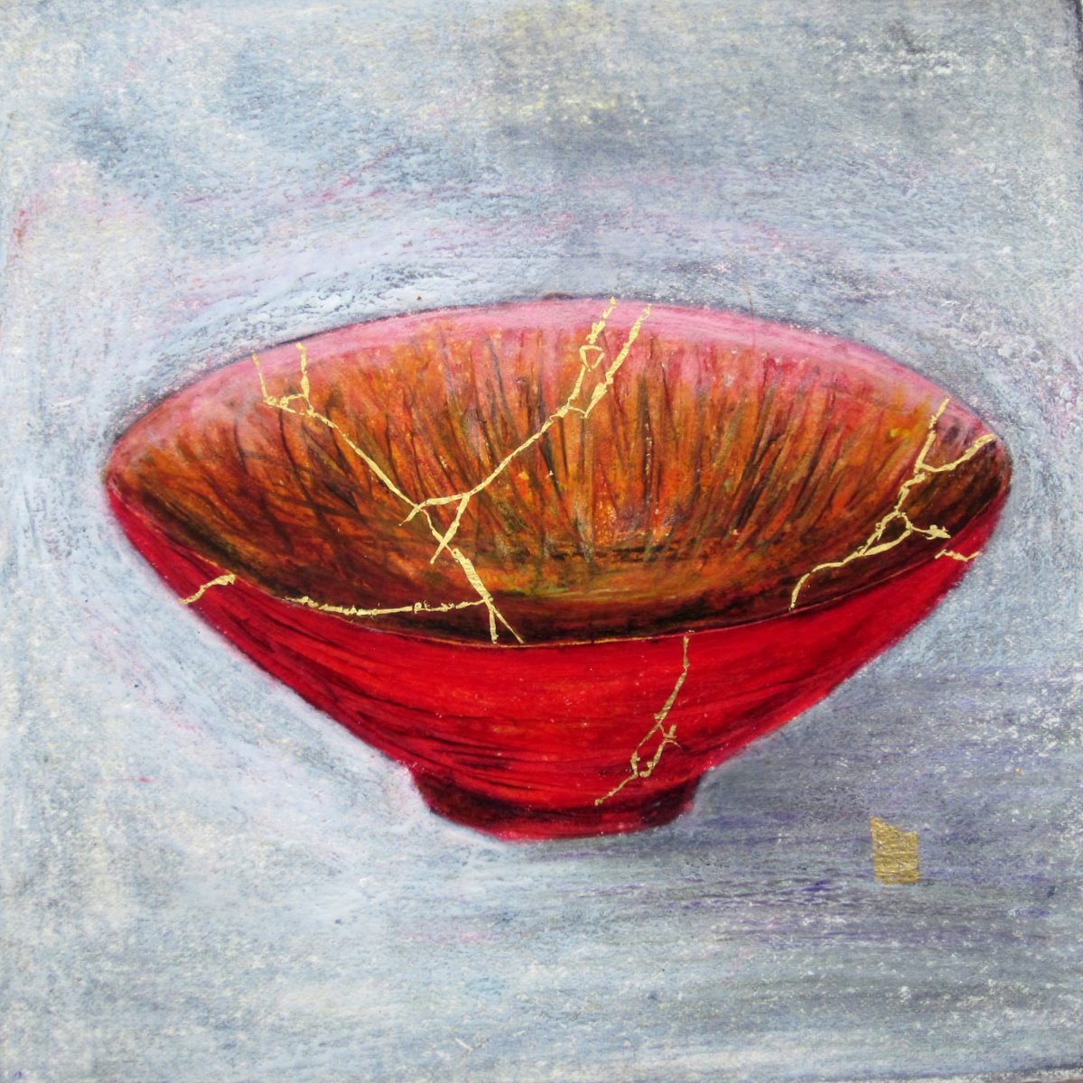 painting of Japanese kintsugi Summer tea bowl with gold by Irish artist red pink orange