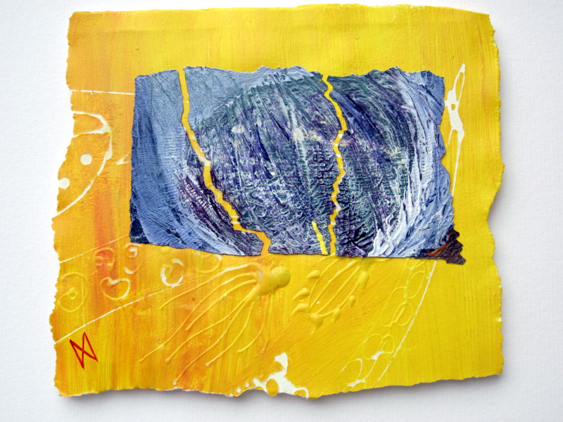 An abstract painting by contemporary Irish artist in tones of warm yellows , purple, green and grey white