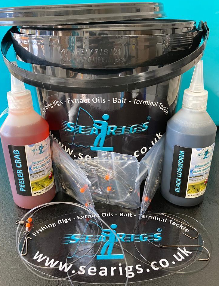 Bait Bucket - 2 x Pour - on  Bait Oils - 4 x 3/0 Pulley  Pennel Rigs FREE SPORTS CAP TOO