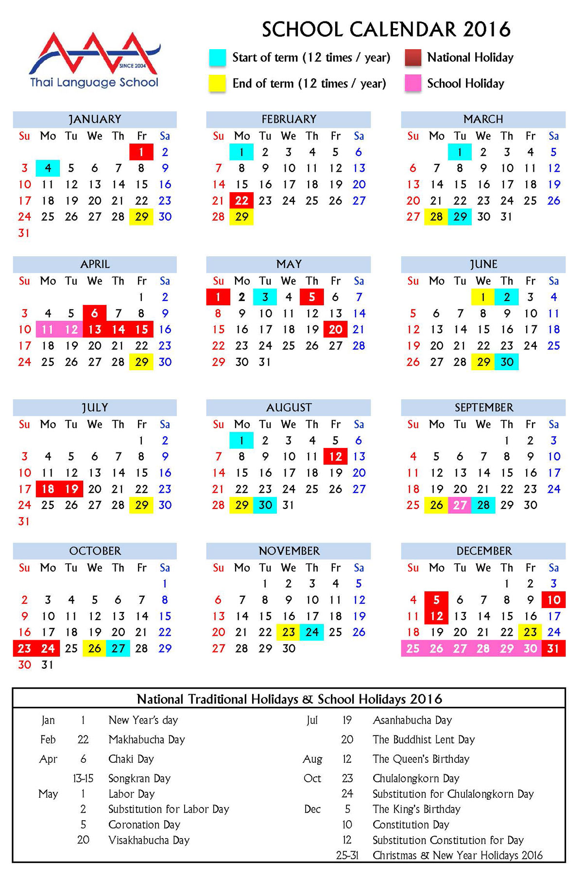 school calendar - Starting date ǀ AAA Thai Language school