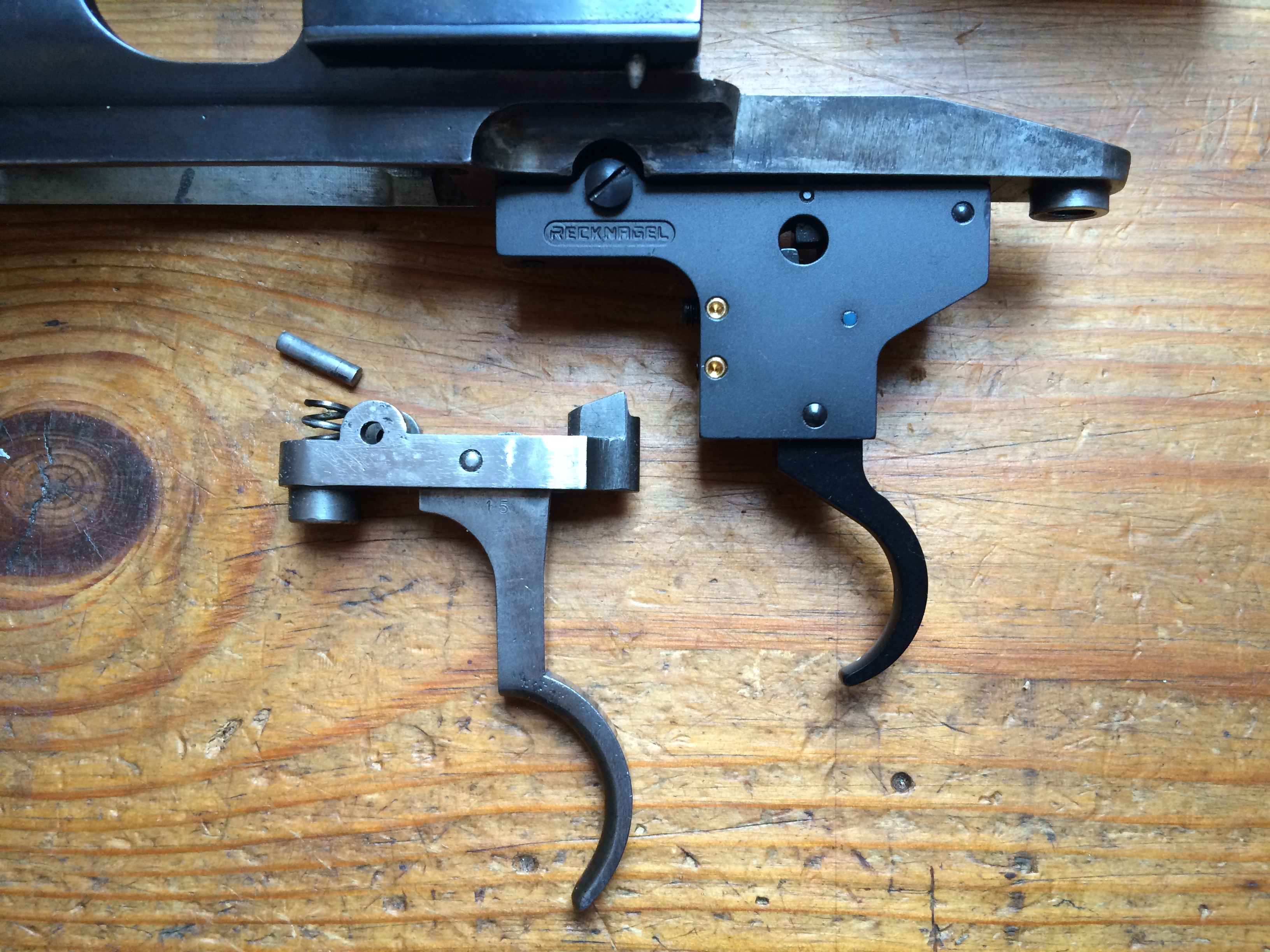 Replacement adjustable trigger set (Above)

Original Mauser trigger (Below)- click to enlarge.