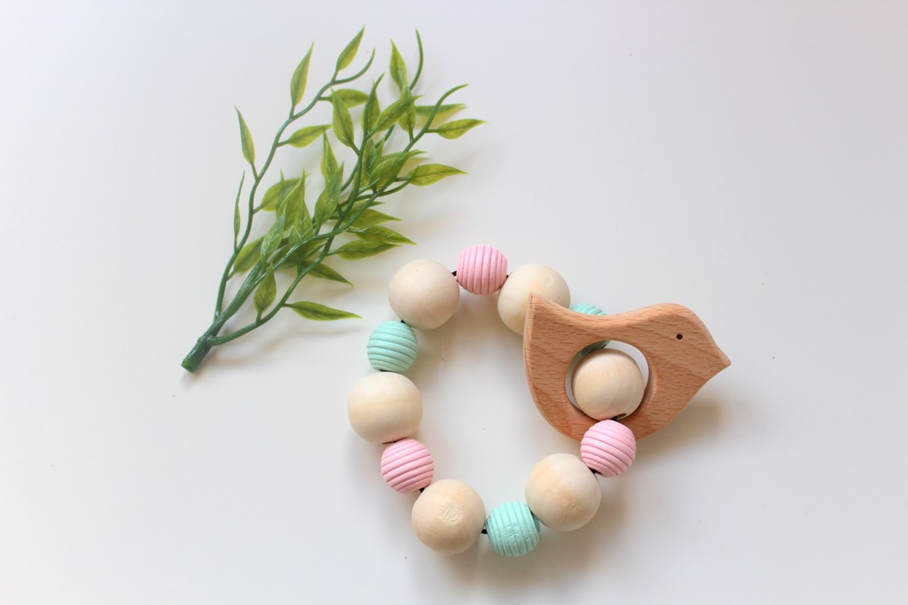 Wooden Teether Rattle - Mint & Pink