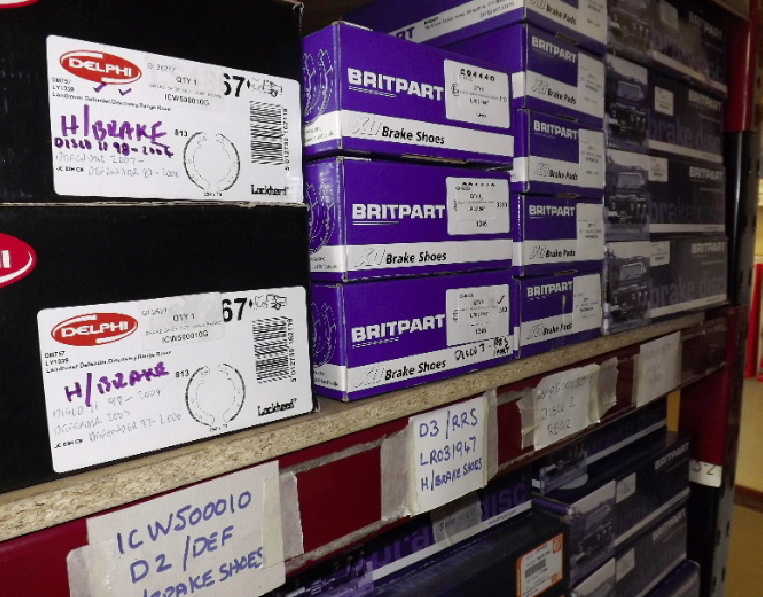 A range of boxes containing brake pads