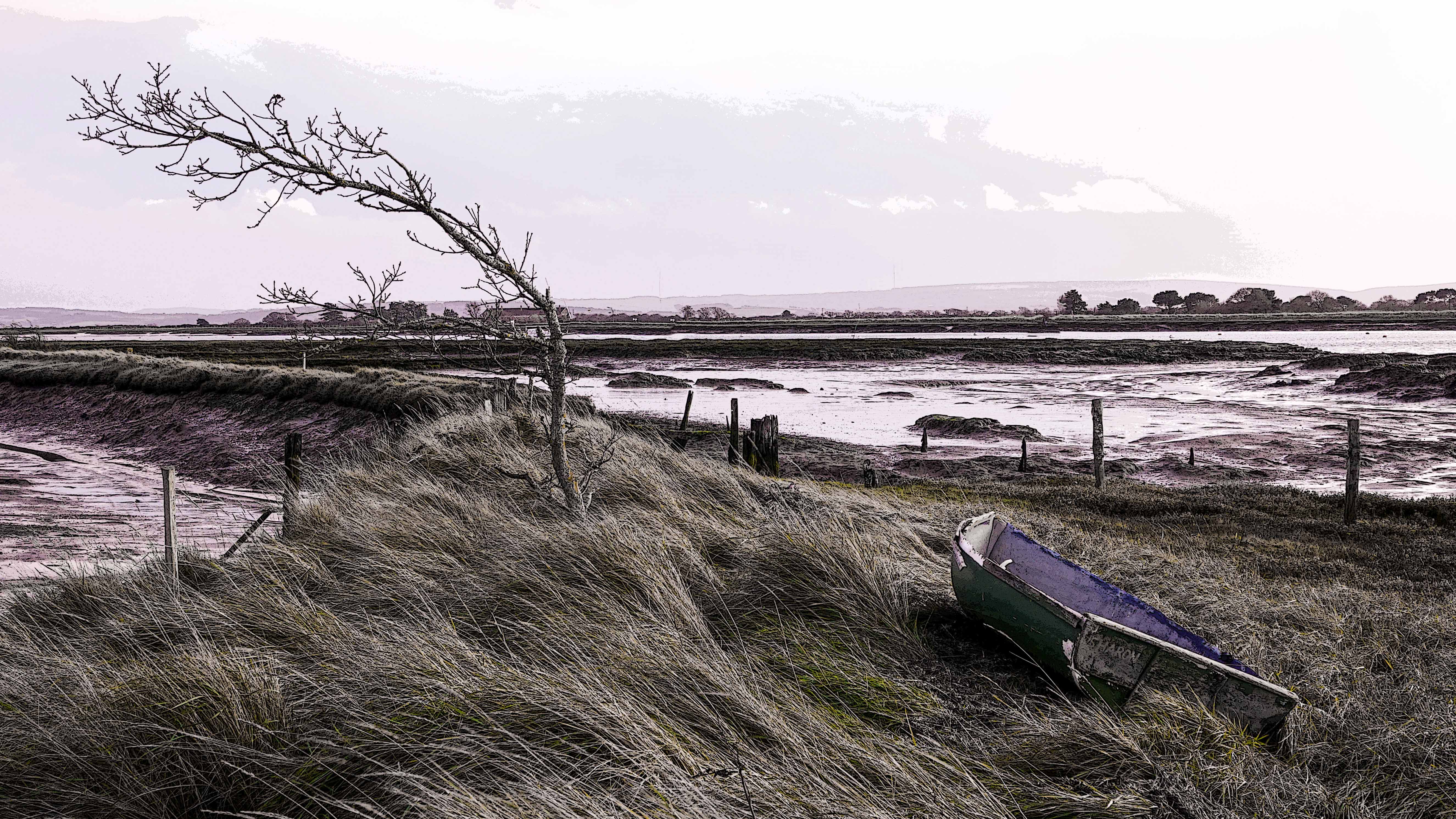 Windswept Lower Exbury marshes, Sharon is the name on the dinghy