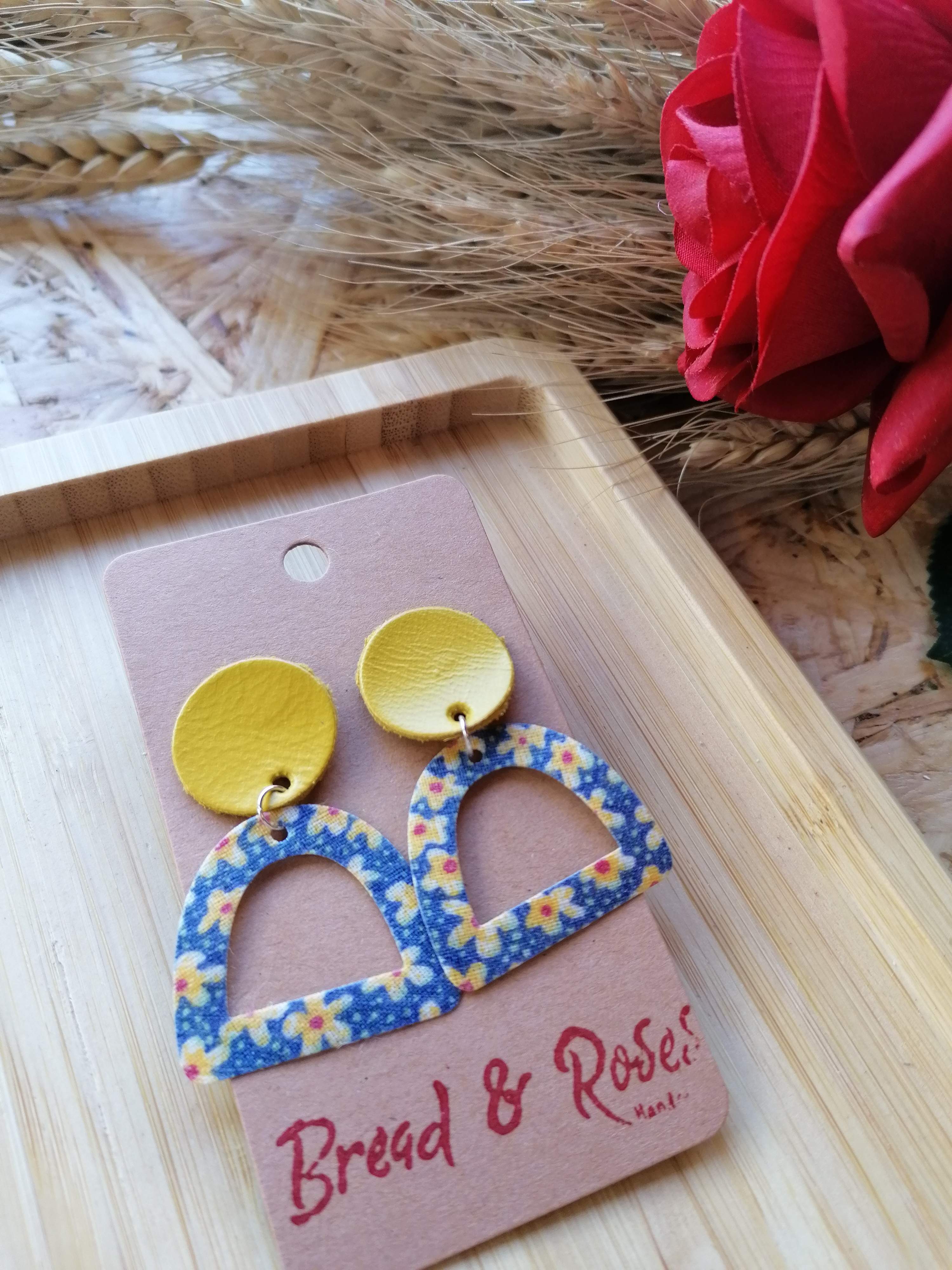 Recycled Vintage Fabric and Leather Stud Earrings - Blue & Yellow Flowers